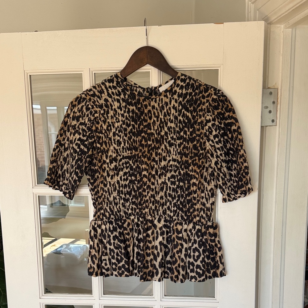Ganni size 38 Leopard Print Peplum Top - Beige & Black